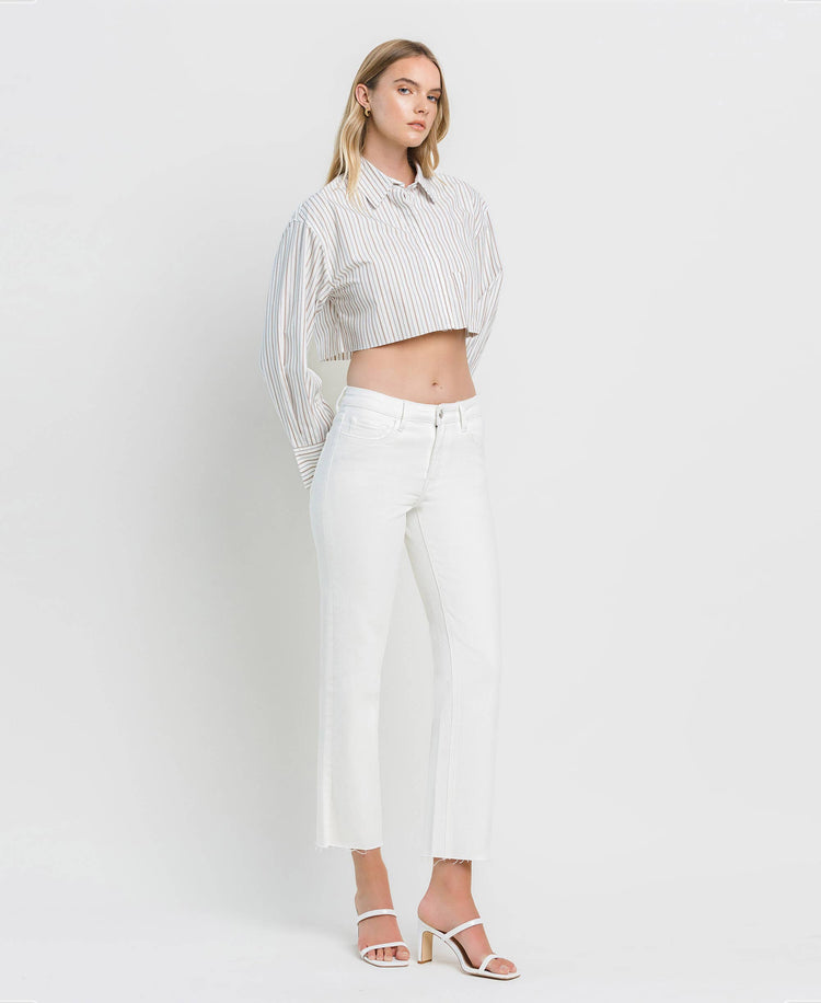 MID RISE CLEAN CUT RAW HEM CROP STRAIGHT JEANS WHITE
