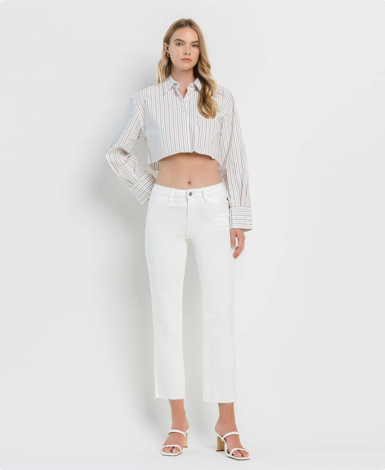 MID RISE CLEAN CUT RAW HEM CROP STRAIGHT JEANS WHITE