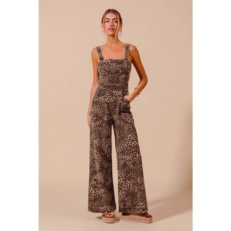 WASHED LEOPARD TWILL WIDE LEG JUMPSUIT