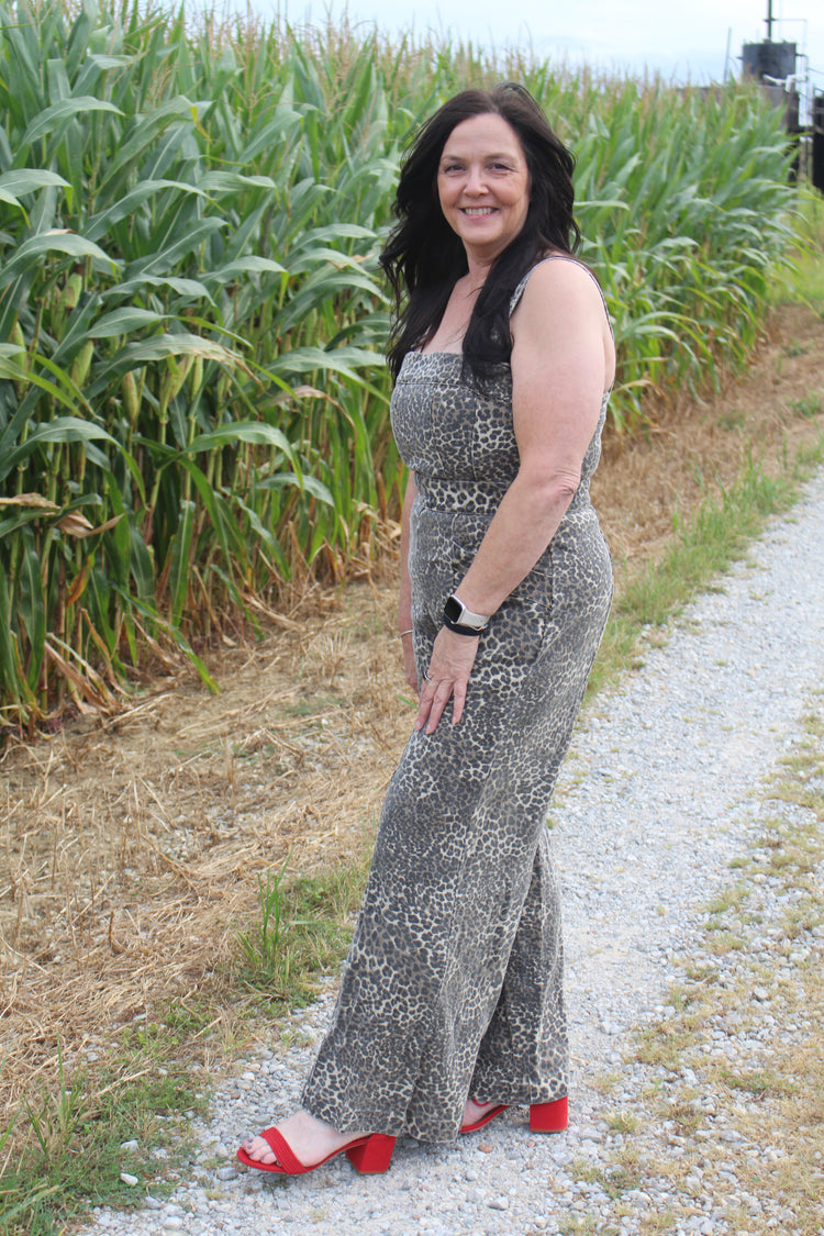 WASHED LEOPARD TWILL WIDE LEG JUMPSUIT