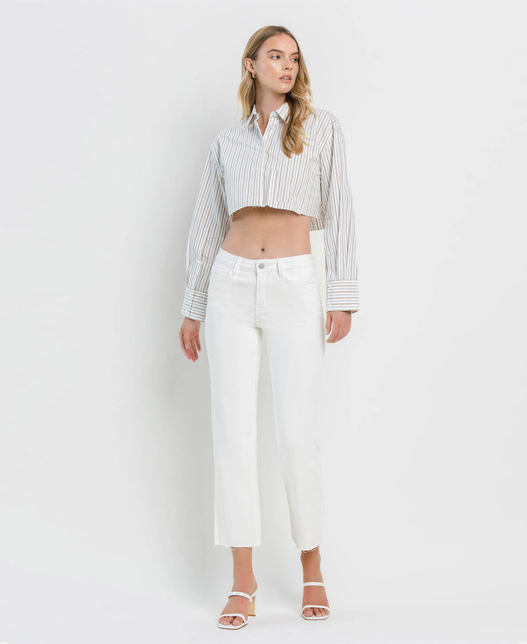 MID RISE CLEAN CUT RAW HEM CROP STRAIGHT JEANS WHITE