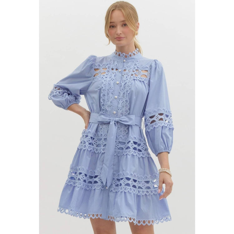 Lace trim Solid pearl button up mini dress