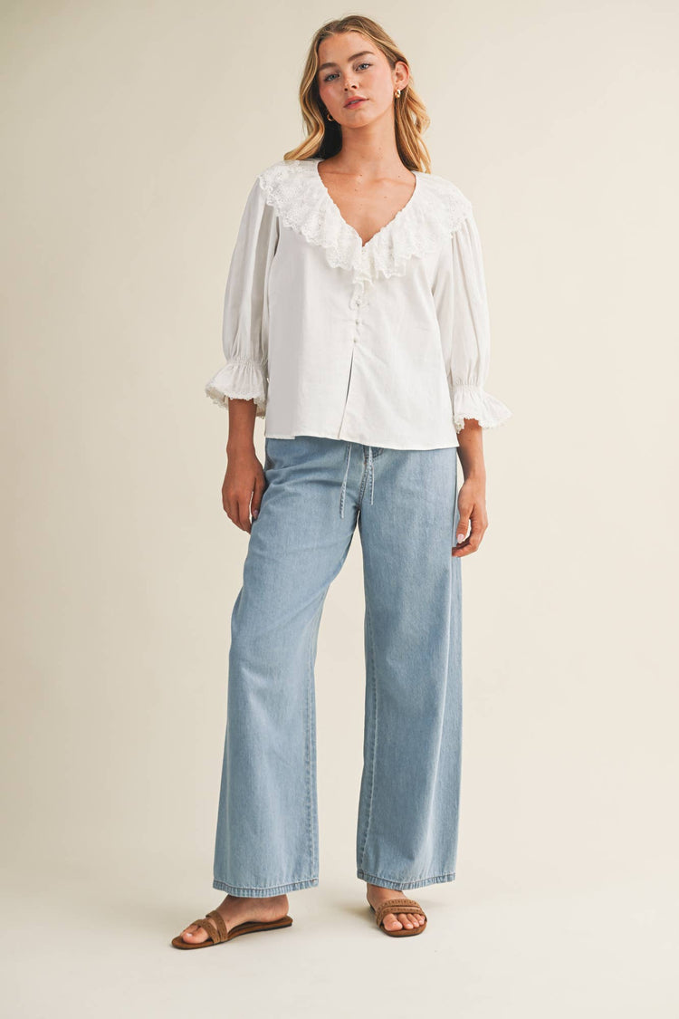 RELAXED DENIM PANTS WITH DRAWSTRING WAIST: WASHED DENIM