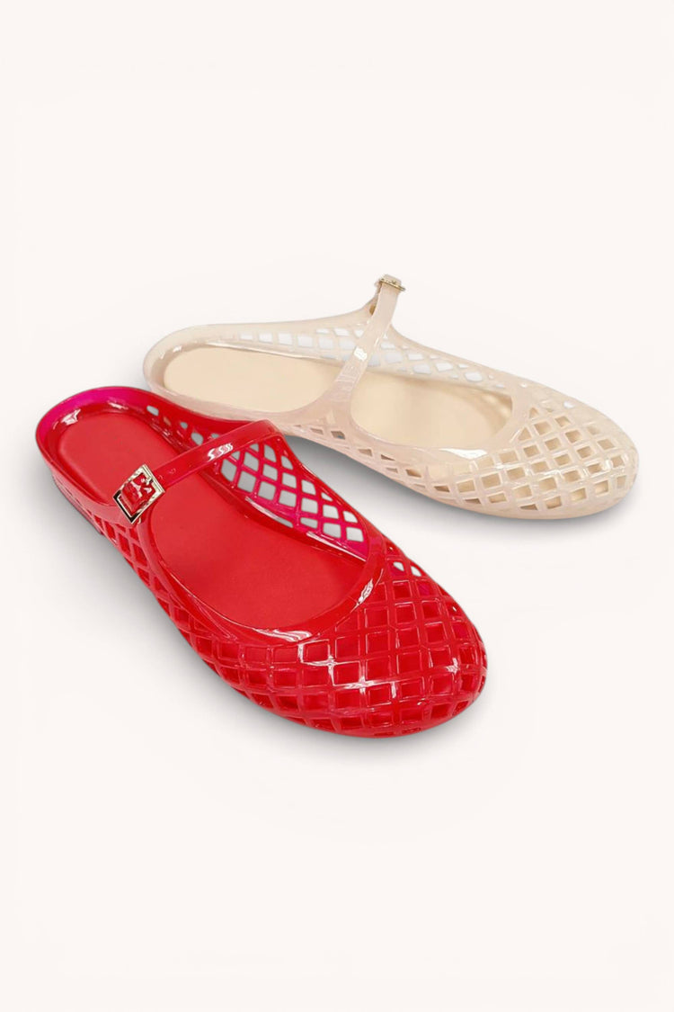 POSIE TRENDY LATTICE JELLY MARY JANE STRAP SLIDE FLAT SLIP