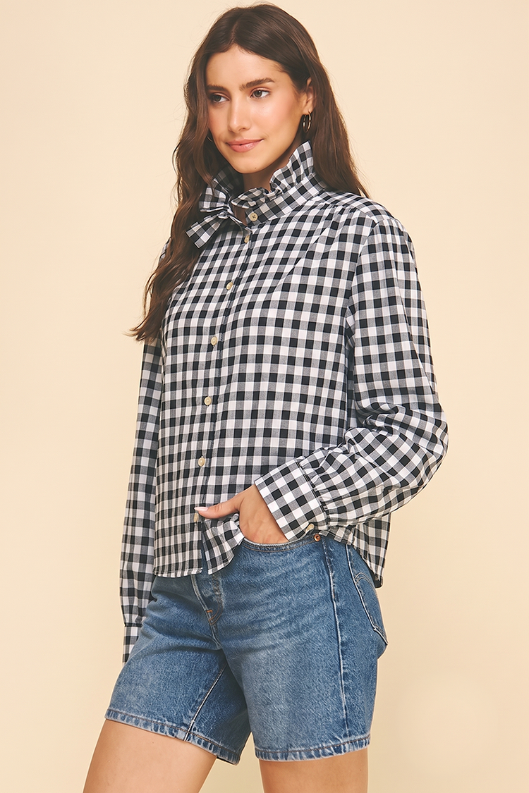 Gingham Check Ruffled Collar Shirt
