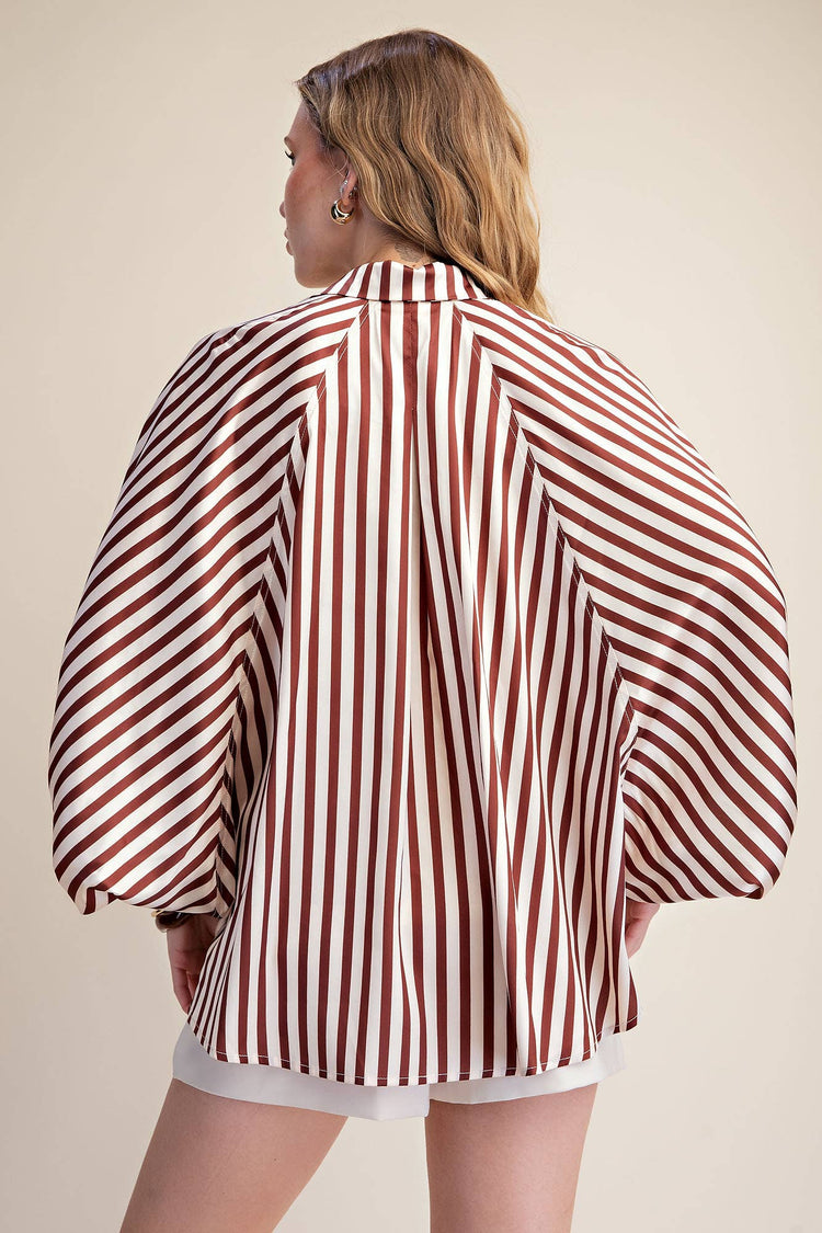 Stripe Wide Puff Sleeve Button down Shirt
