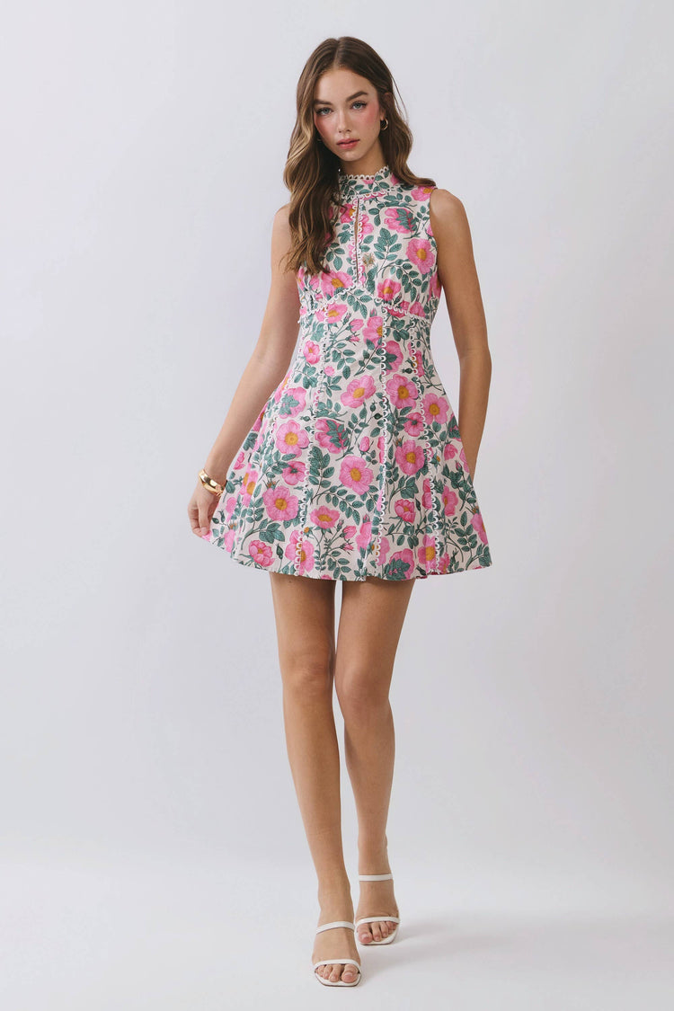 Floral Lace Trim Open Back Mini Dress: Pink