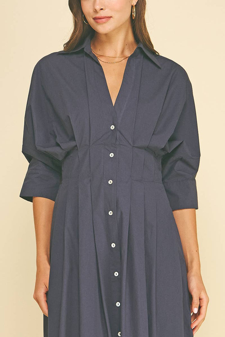 Pleated Button Down Midi Dress