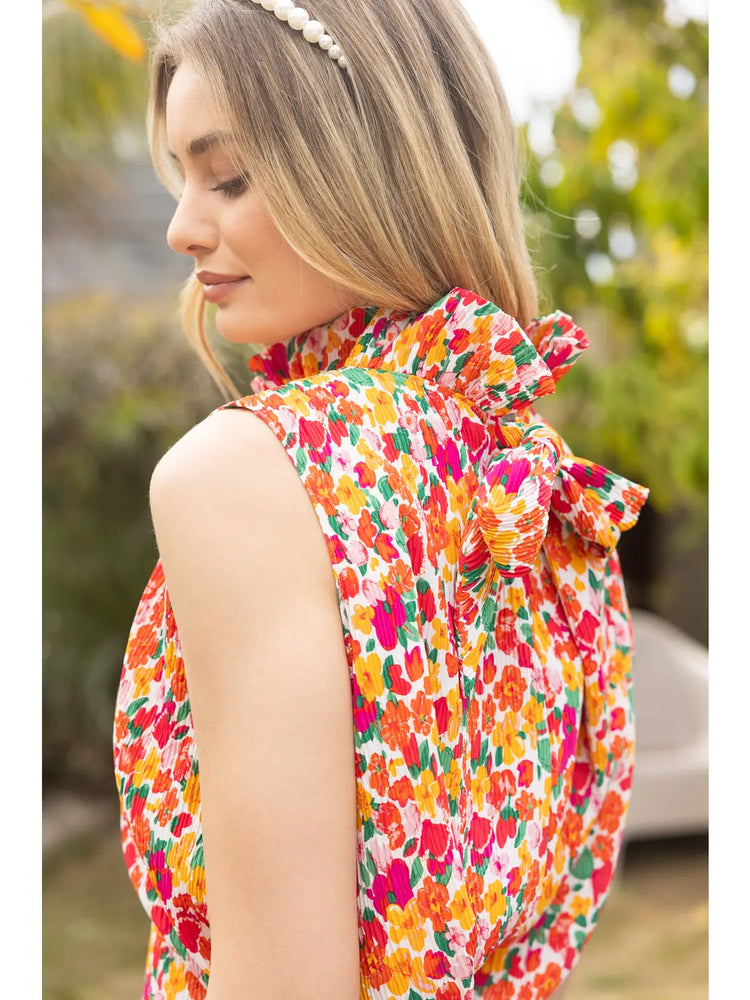 Mock Turtle Neck Sleeveless Watercolor Floral Top