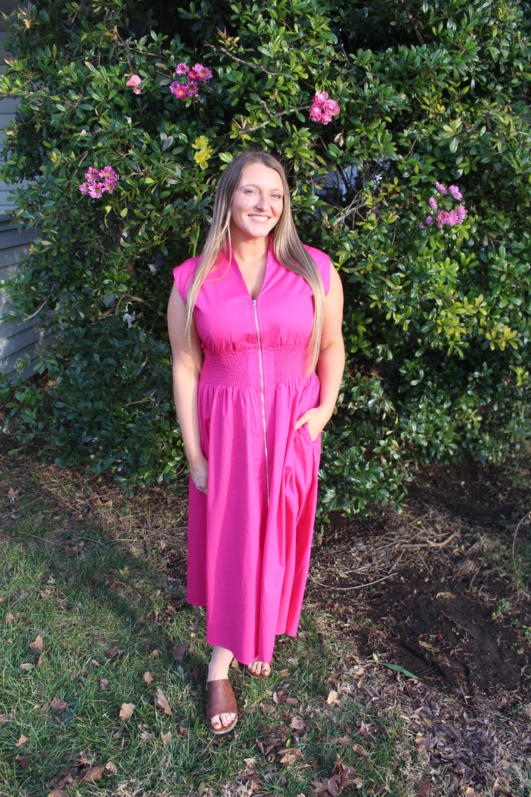 DROP SHOULDER SMOCKED WAIST MIDI DRESS WITH FRONT ZIPPER AND POCKETS