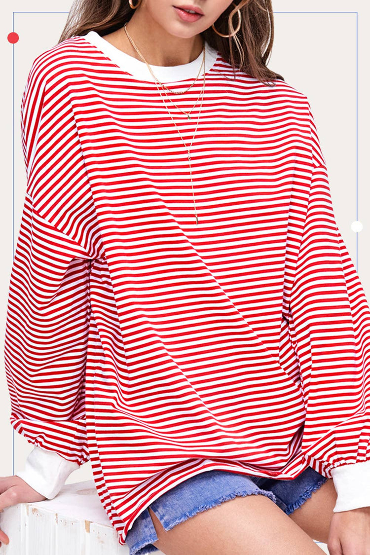 RED Oversized Striped Long Sleeve Pullover Top