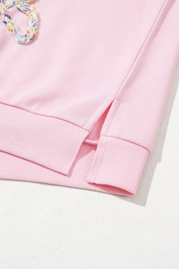 Embroidered Bow Lantern Sleeve Oversized Pullover Sweatshirt