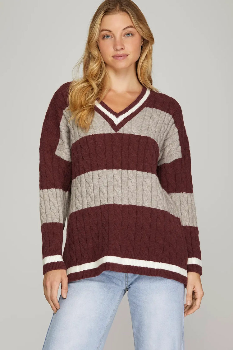 LONG SLEEVE STRIPED CABLE KNIT V NECK SWEATER