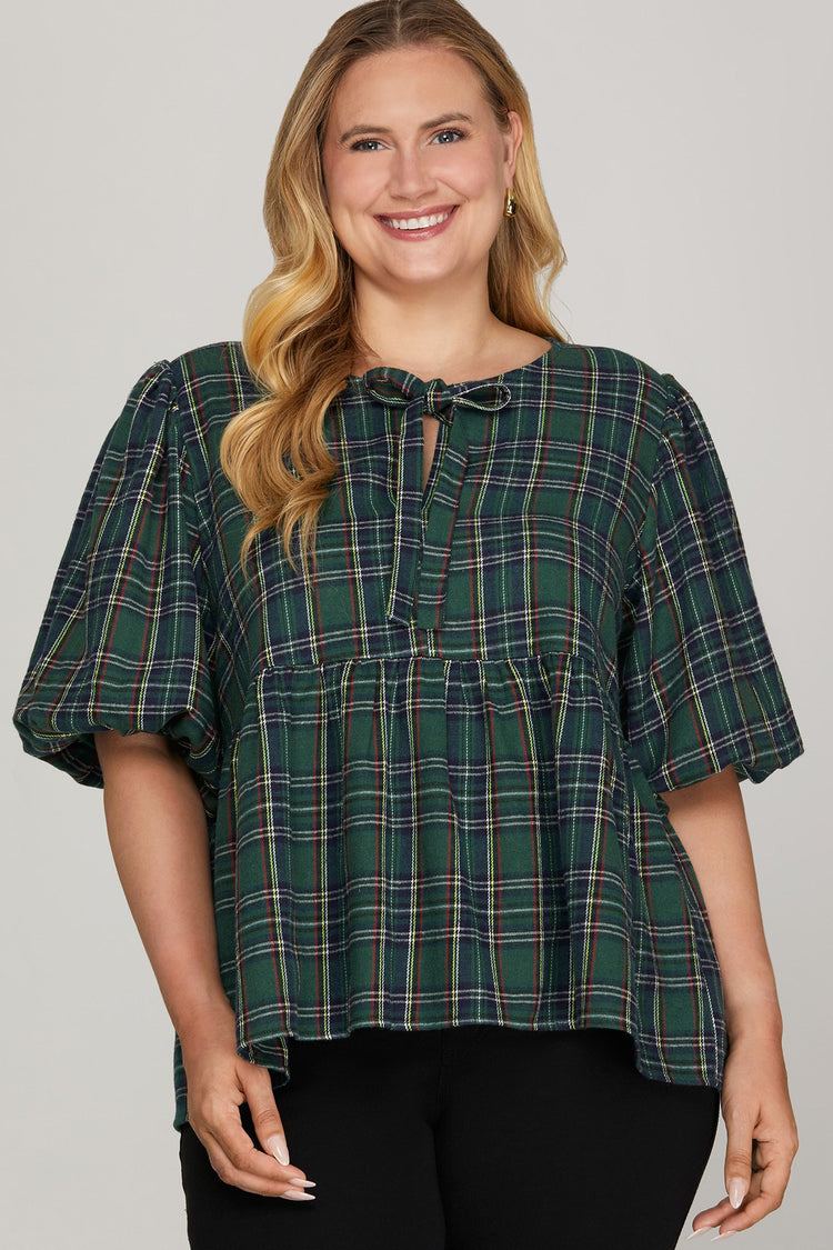 PUFF SLEEVE FRONT TIE BOW CHRISTMAS PLAID BABY DOLL TOP