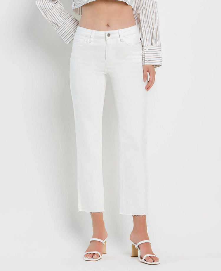 MID RISE CLEAN CUT RAW HEM CROP STRAIGHT JEANS WHITE