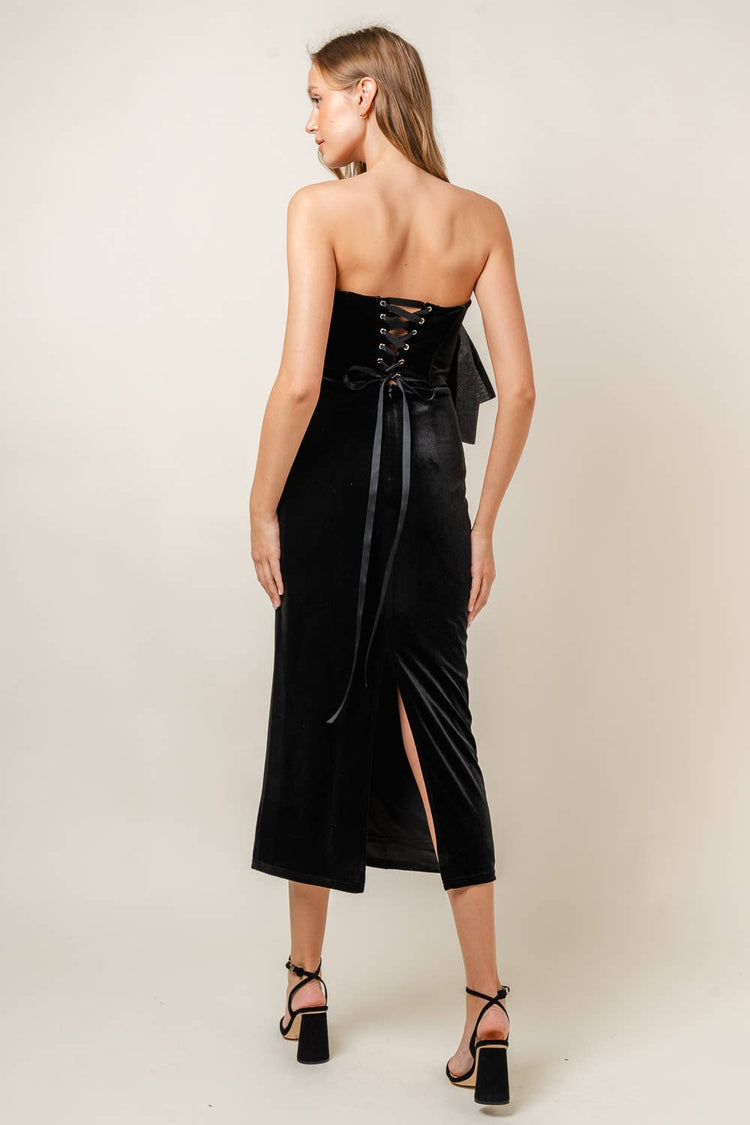 PARTY DRAMATIC BOW VELVET LACEUP TUBE MIDI DRESS