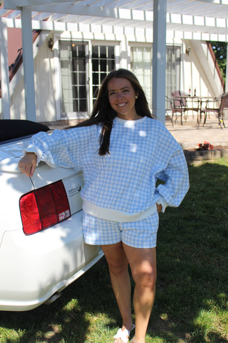 Gingham Fuzzy Knit Lounge Set: Blue