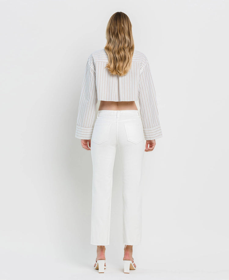 MID RISE CLEAN CUT RAW HEM CROP STRAIGHT JEANS WHITE