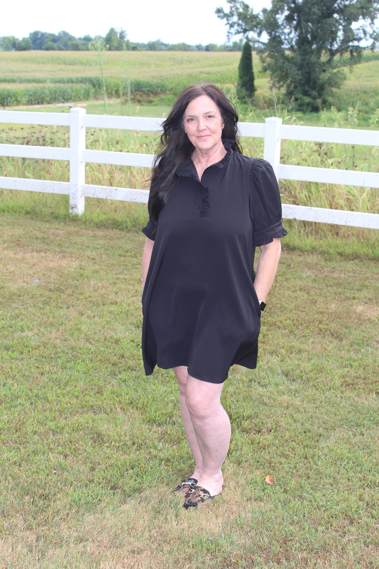 Solid short puff sleeve mini dress featuring ruffle band collar button closure at front