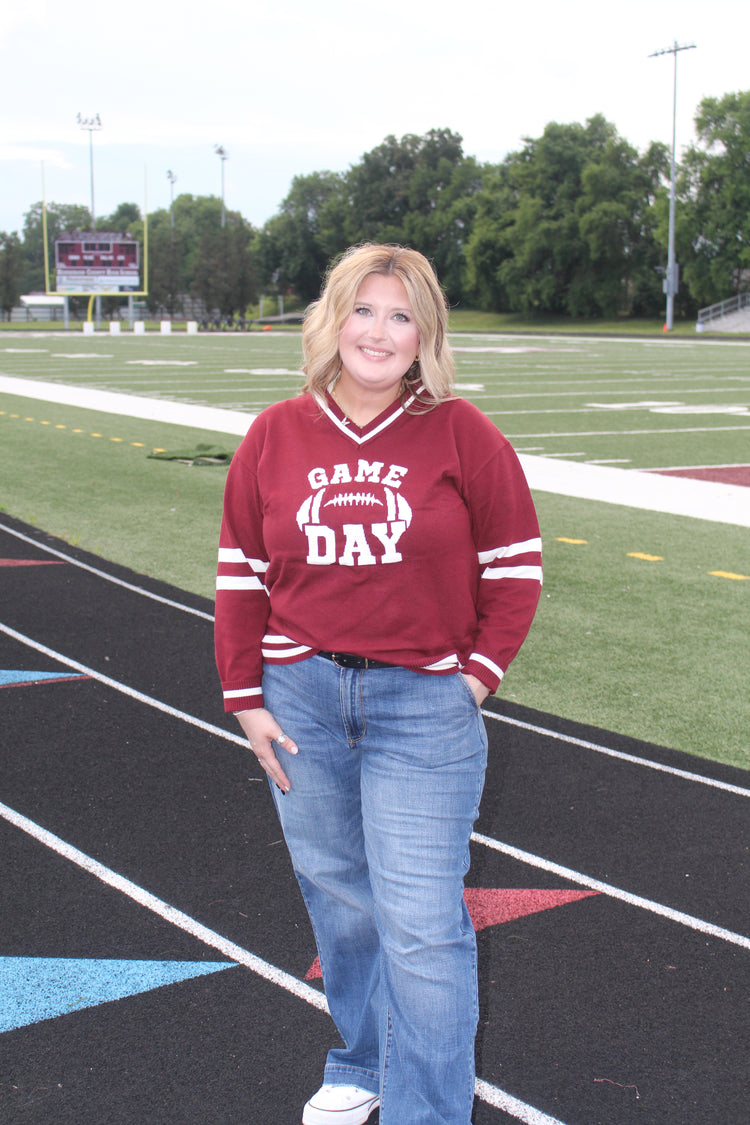 MAROON GAME DAY - LONG SLEEVE V NECK VARSITY SWEATER TOP