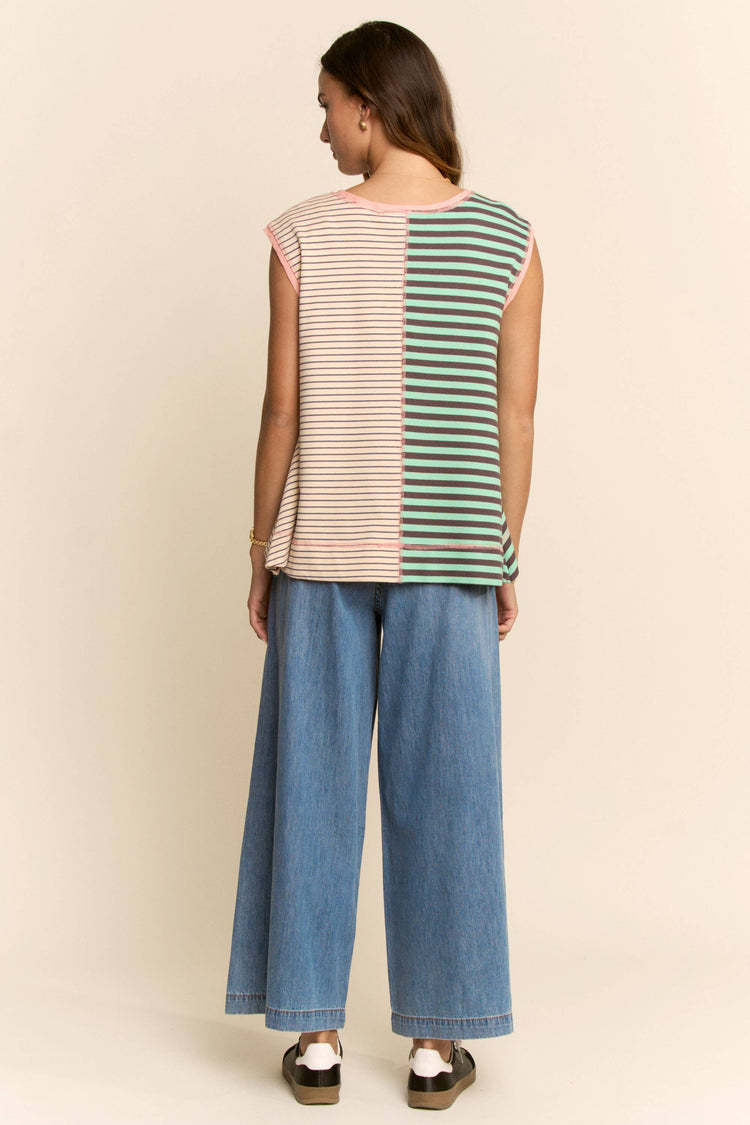 HIGH WAISTED WIDE LEG DENIM PANTS SELF TIE BELT: BLUE DENIM