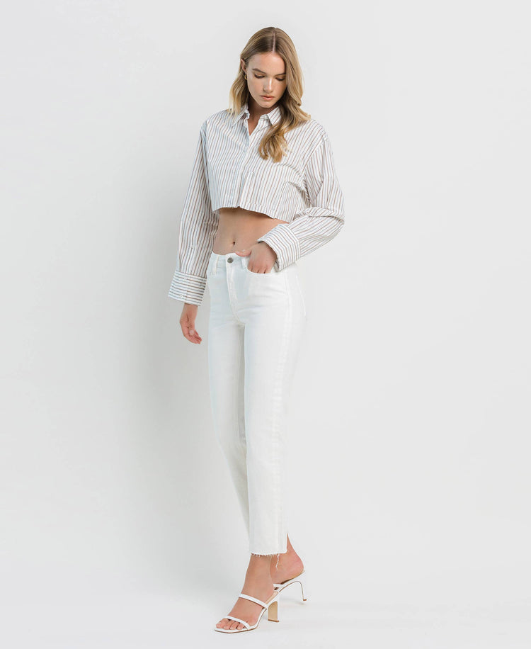 MID RISE CLEAN CUT RAW HEM CROP STRAIGHT JEANS WHITE