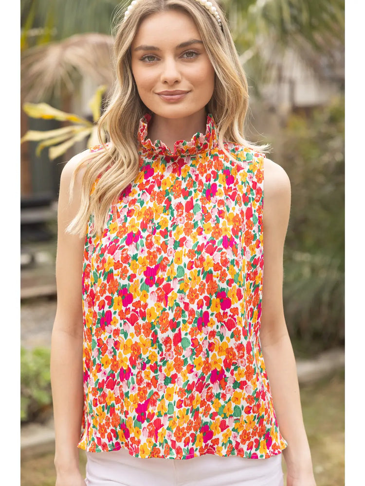 Mock Turtle Neck Sleeveless Watercolor Floral Top