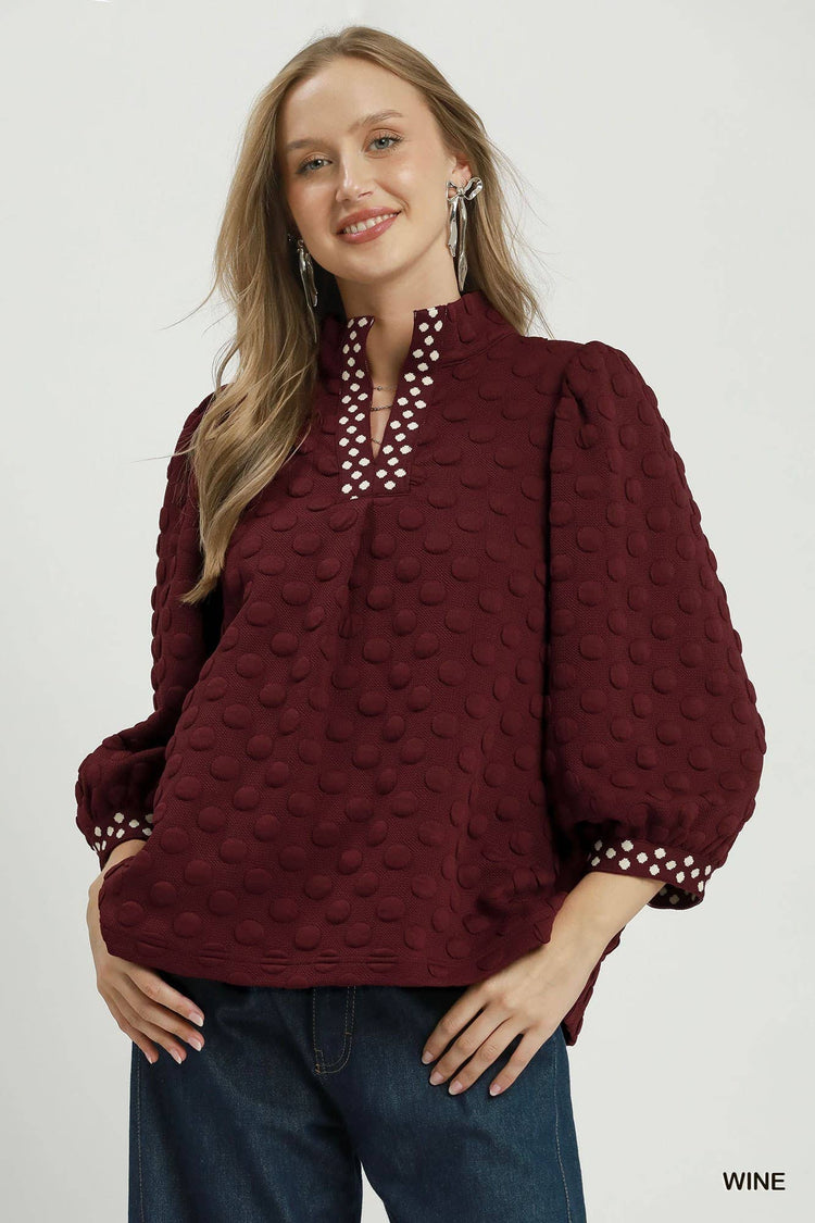 Jacquard Polka Dot Contrast Trim Top
