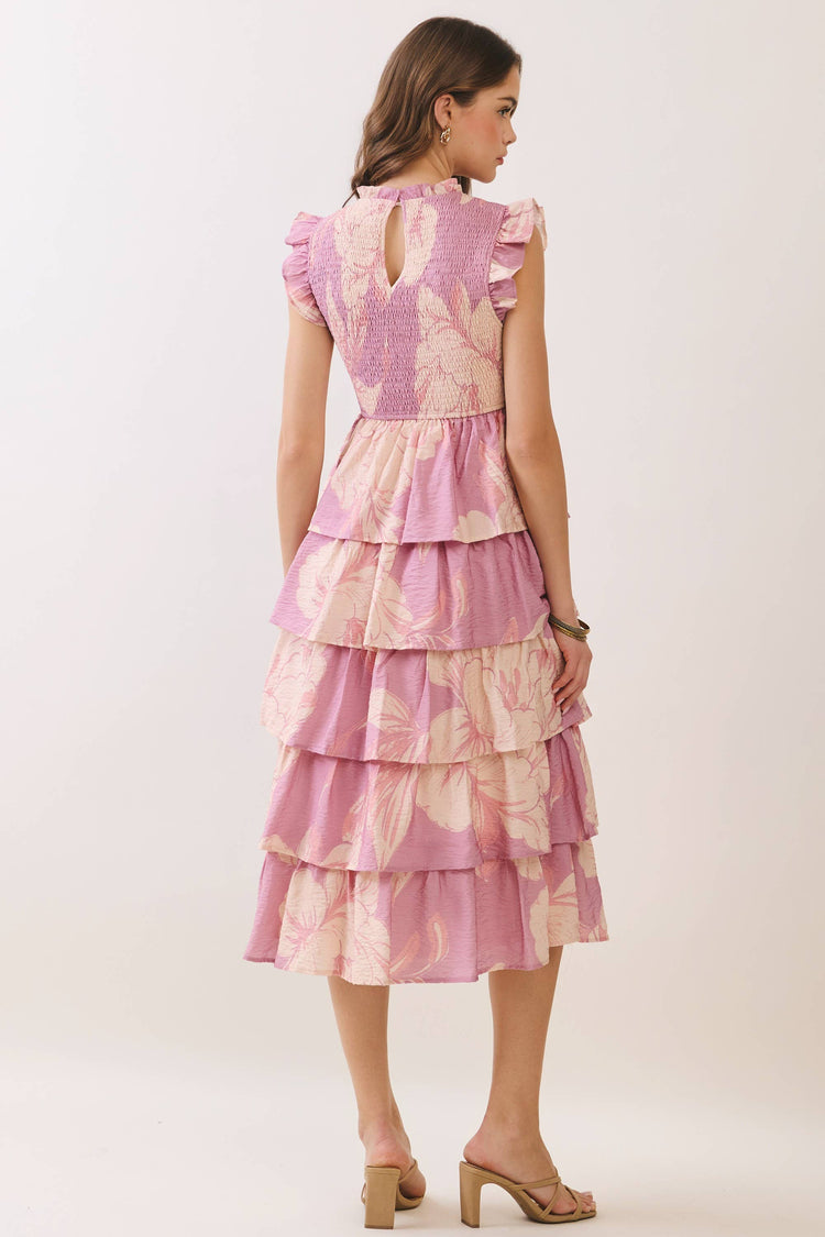 Floral Smocked Bodice Tiered Ruffle Midi Dress