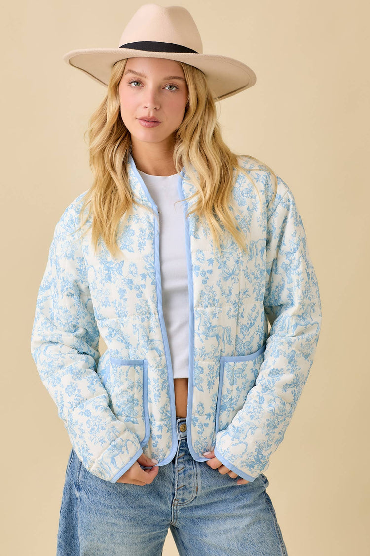 Vintage Print Quilted Padded Jacket With Binding Detail