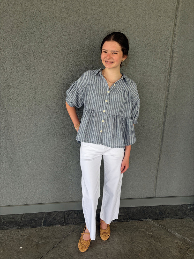 Tiered Striped Button Down Short Bubble Sleeve Top