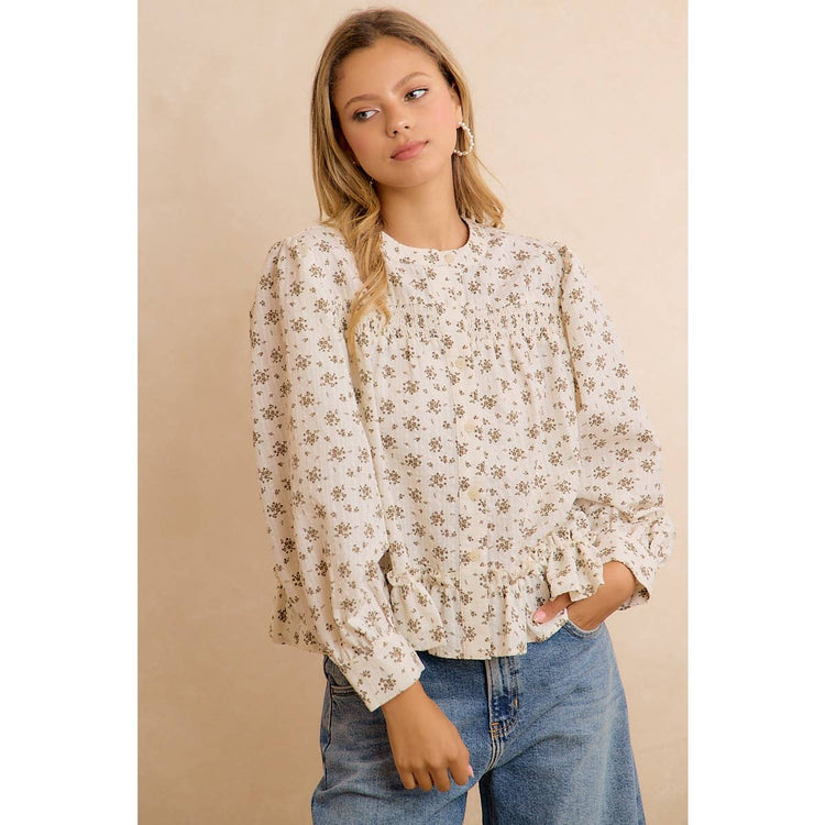 VINTAGE FLORAL SMOCKED BUTTON DOWN PEPLUM BLOUSE: OATMEAL