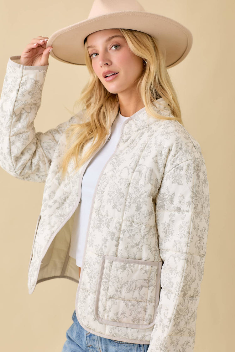 Vintage Print Quilted Padded Jacket With Binding Detail