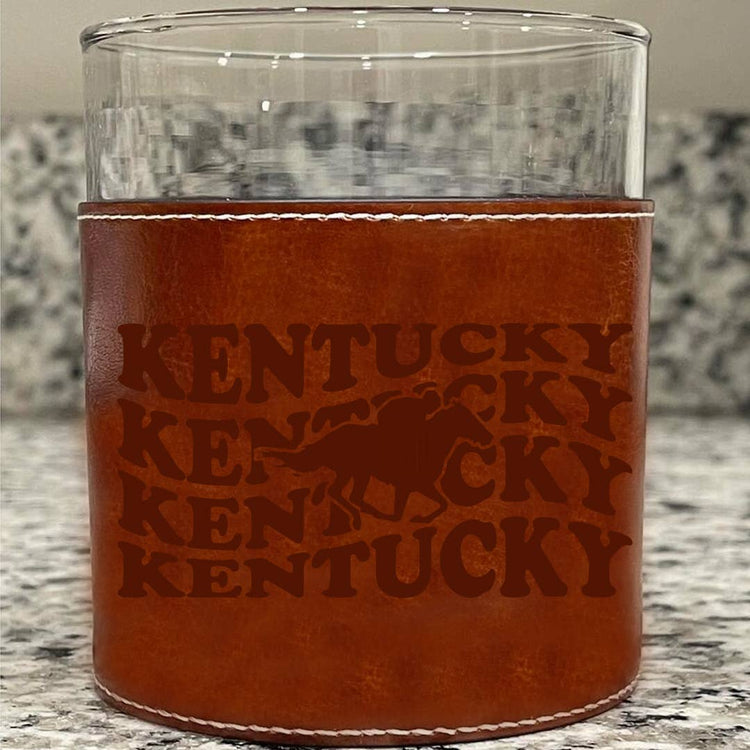 Kentucky Stacked Horse Racing Derby Faux Leather Rocks Glass