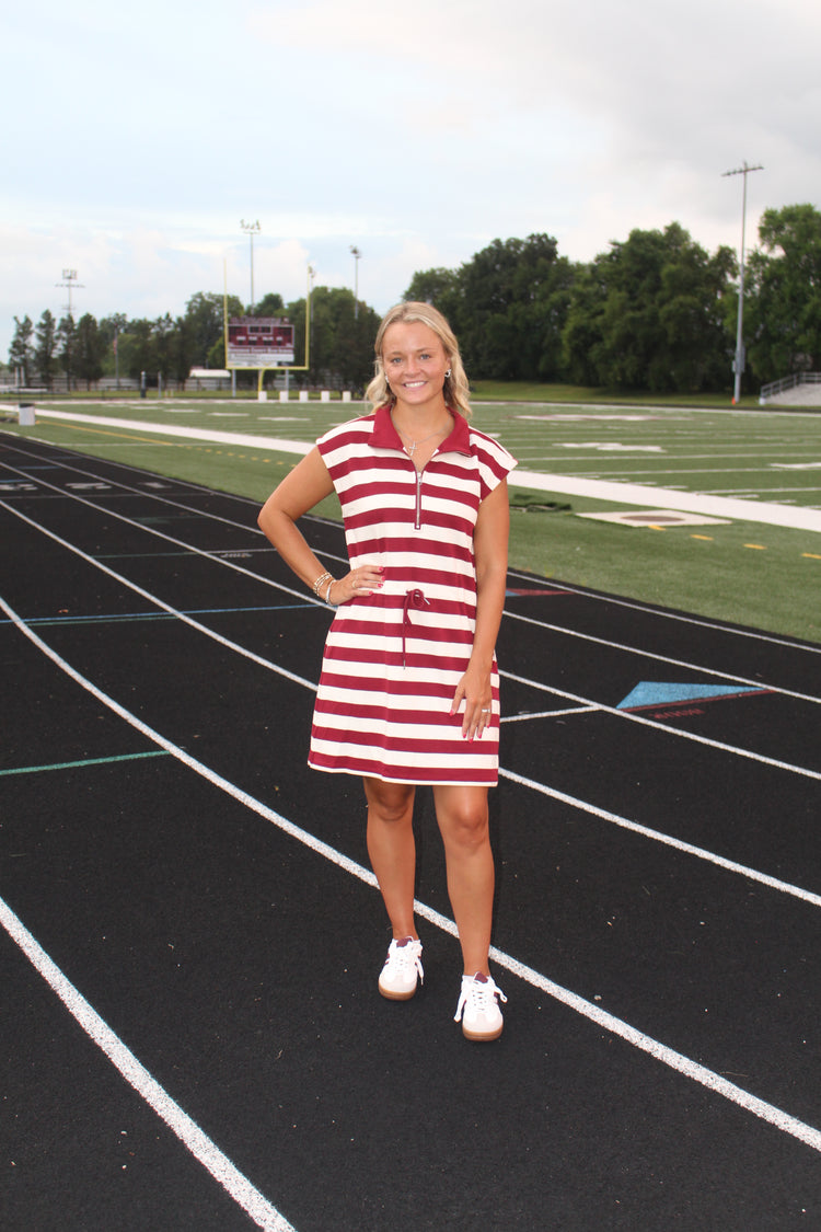 Game day striped maroon and white day dress