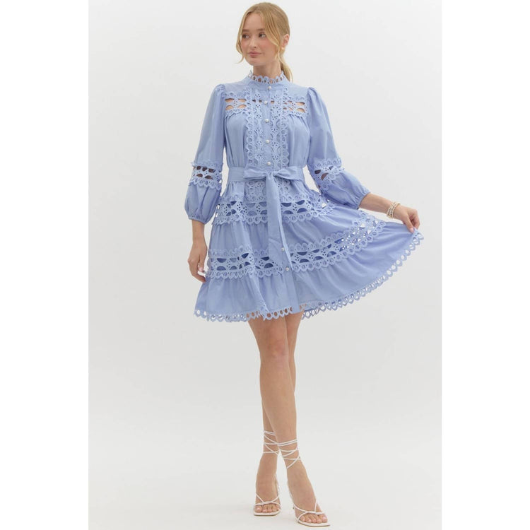 Lace trim Solid pearl button up mini dress