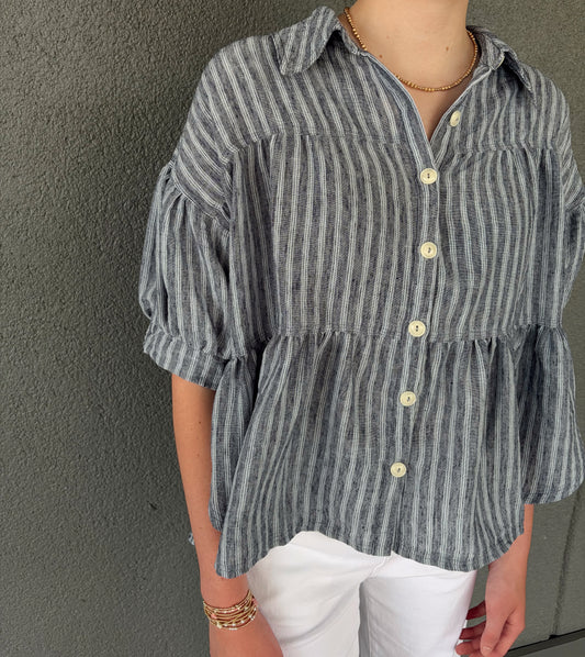 Tiered Striped Button Down Short Bubble Sleeve Top
