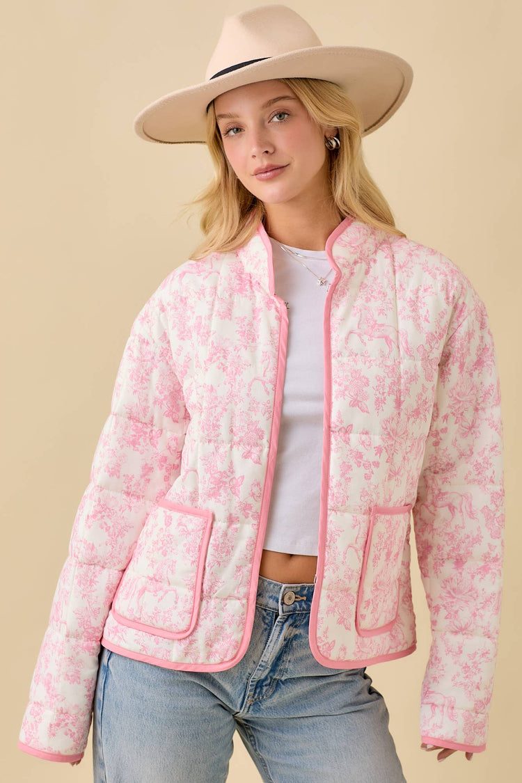 Vintage Print Quilted Padded Jacket With Binding Detail