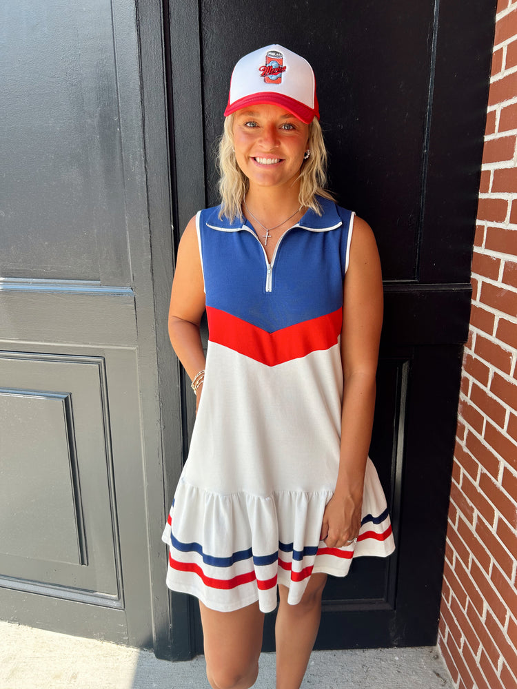 Sleeveless Half Zip Flag Color Block Dress