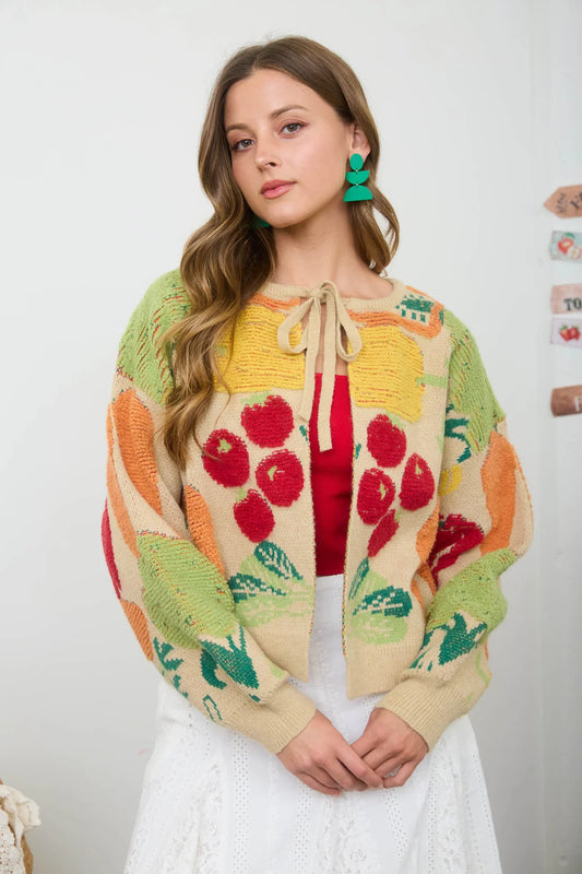 VEGGIE PATTERN NECK TIE KNIT CARDIGAN SWEATER