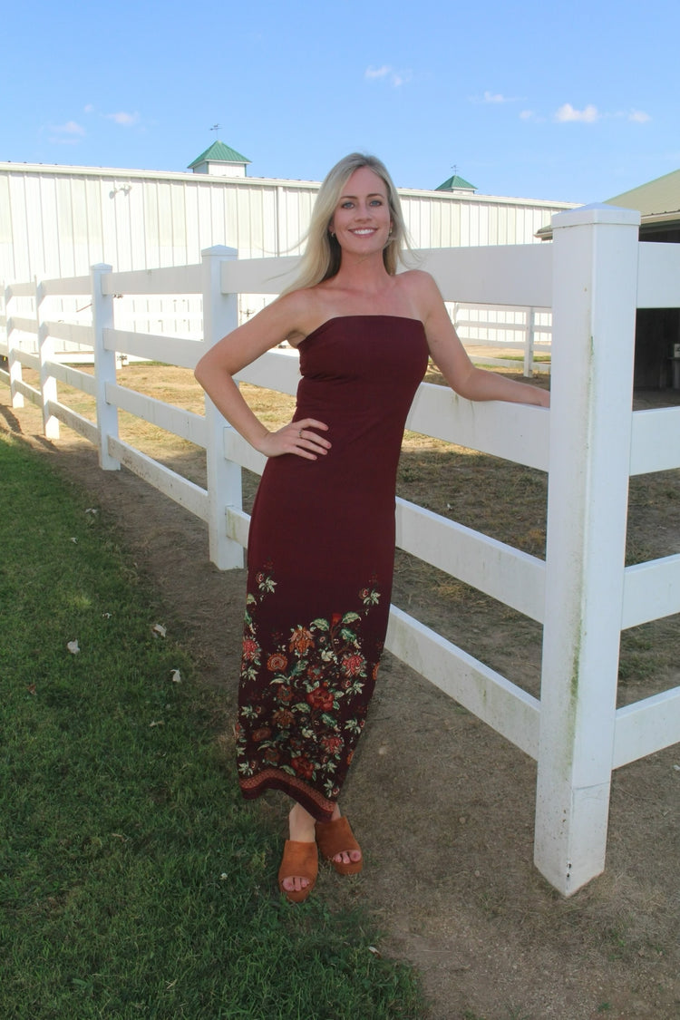 Border Floral Strapless Maxi Dress