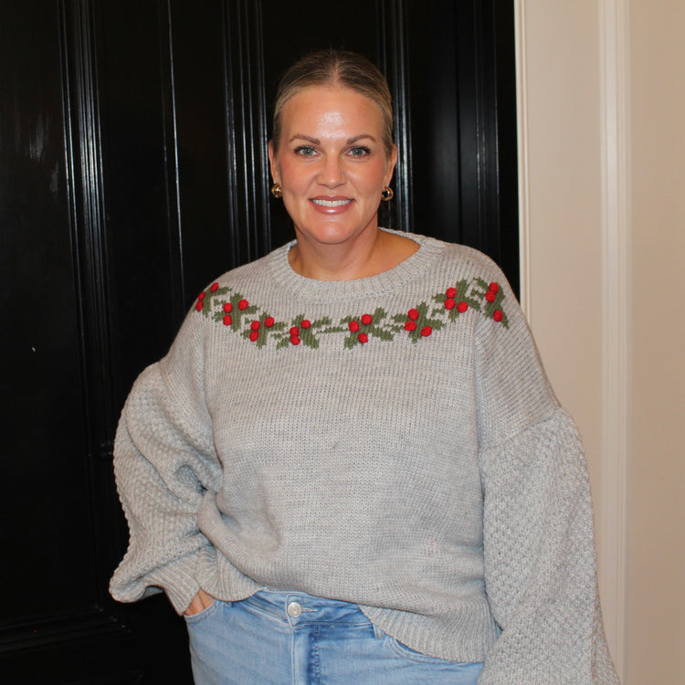 Holly Wreath Patterned Balloon Sleeve Sweater