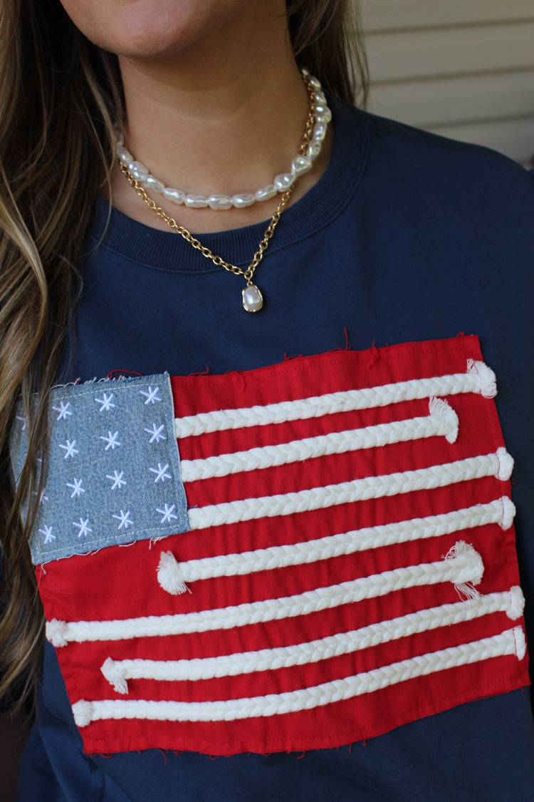 Boxy Wide Short Sleeve Top With American Flag Patchwork