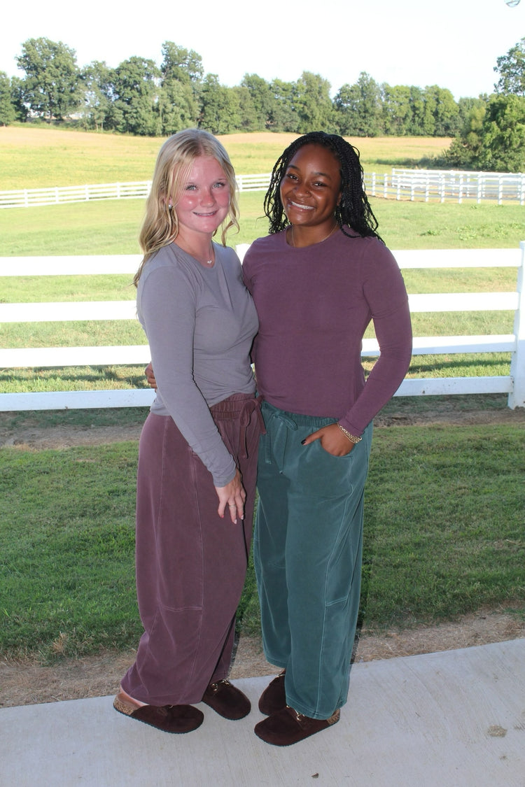 SMOCKED WAIST DRAWSTRING BARREL LEG SWEATPANTS