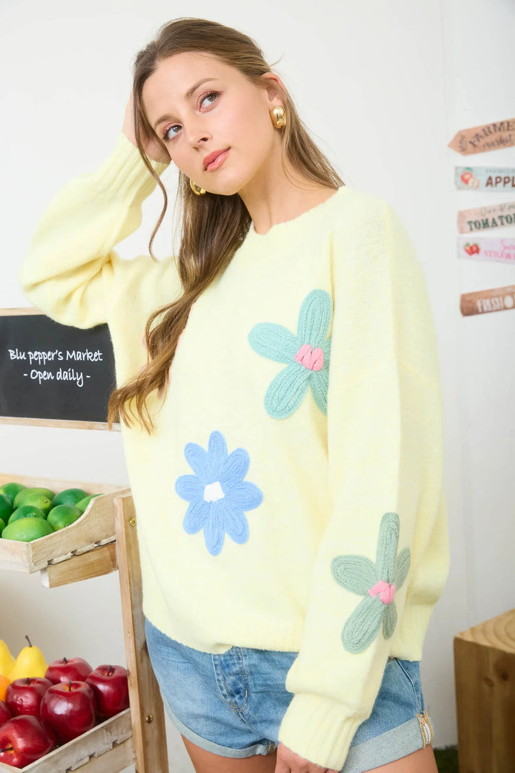 MULTI-COLOR CROCHET FLORAL DETAIL KNIT PULLOVER