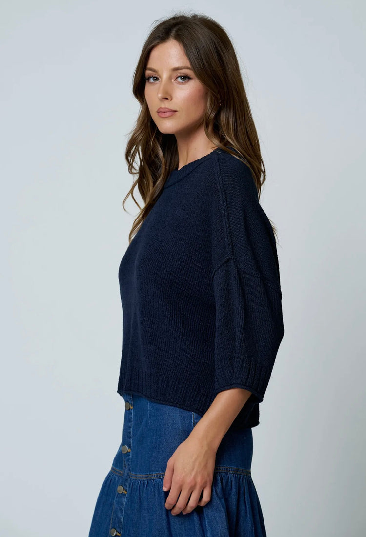 Crew Neck Drop Shoulder Raw Edge Knit Top