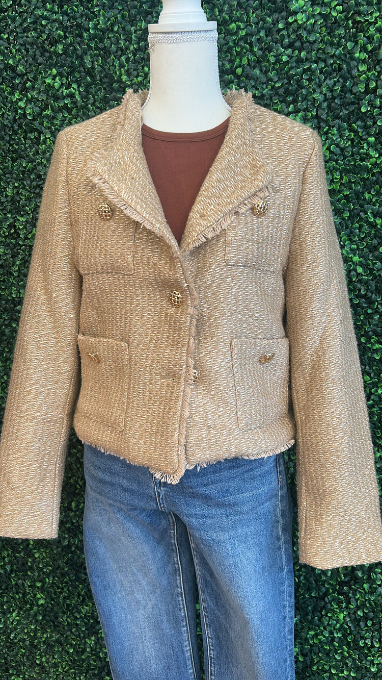 Double Pocket Fringe Detailed Tweed Blazer