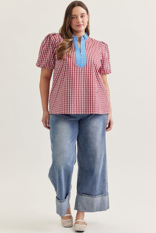 Red Gingham Puff Sleeve Blouse