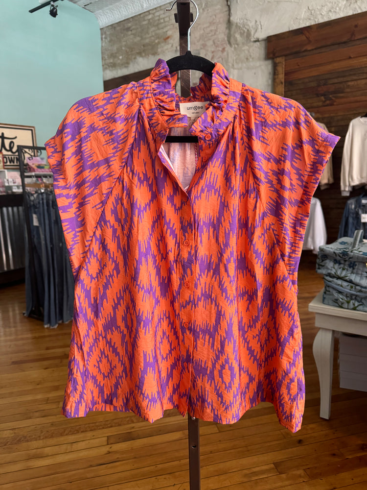 Abstract Print High Ruffle Neck Button Down Top