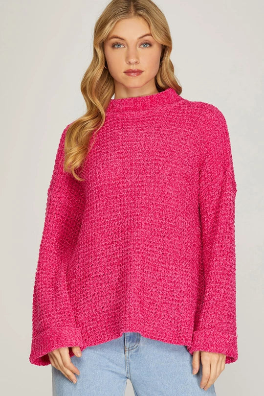 HOT PINK LONG CUFF SLEEVE MOCK NECK HI LOW WAFFLE CHENILLE